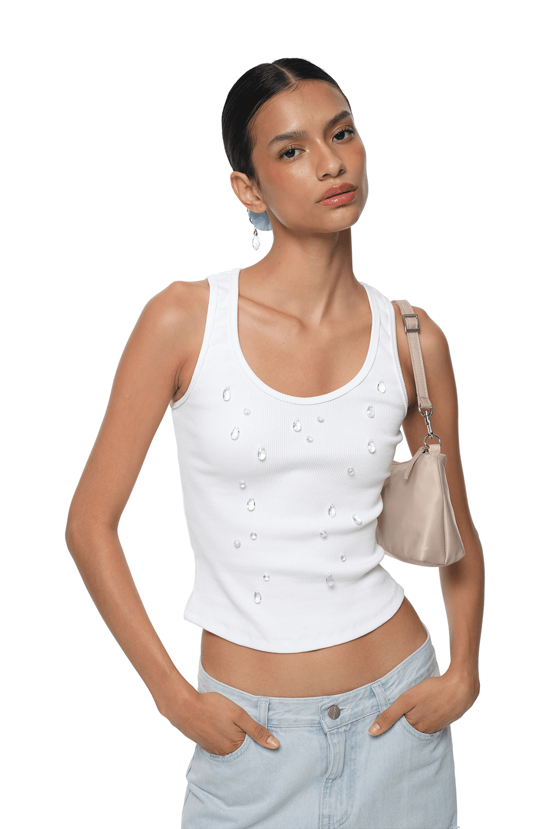 WATER DROP CRYSTAL SLEEVELESS TOP (WHITE)