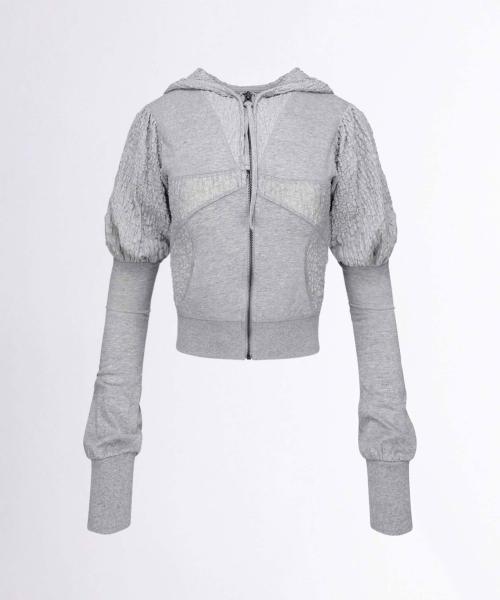 Puff Sleeve Zip-Up Hoodie Melange Gray