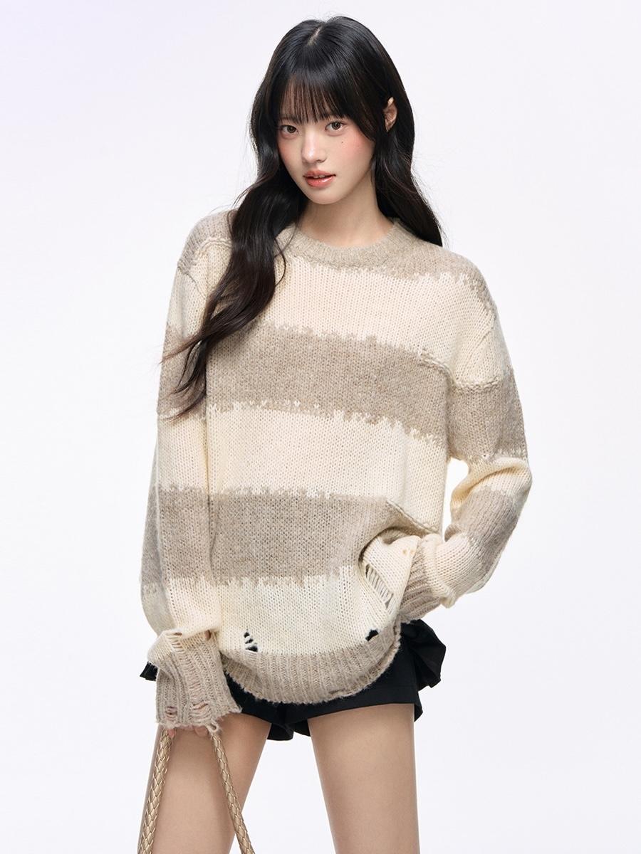 NS76 Cozy Stripe Distressed Sweater (2color)