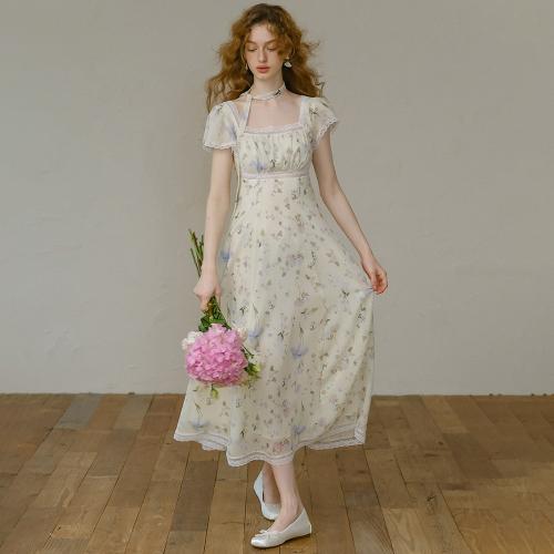 Cest_Lace floral chiffon scarf dress
