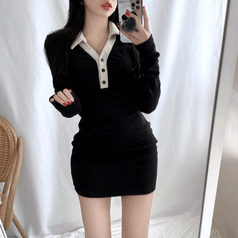 [핏존예/겨울까지~!] 캐치미 배색 카라 원피스 (2color)