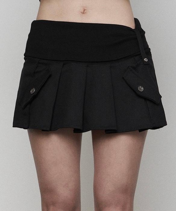Rib Fake Pocket Pleats Skirt (BLACK)