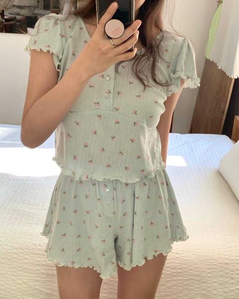 민트 플라워 퍼프 잠옷 상하의 세트