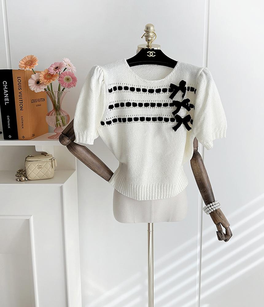 여성 라운드넥 리본 스티치 반팔 퍼프 소매 니트 티