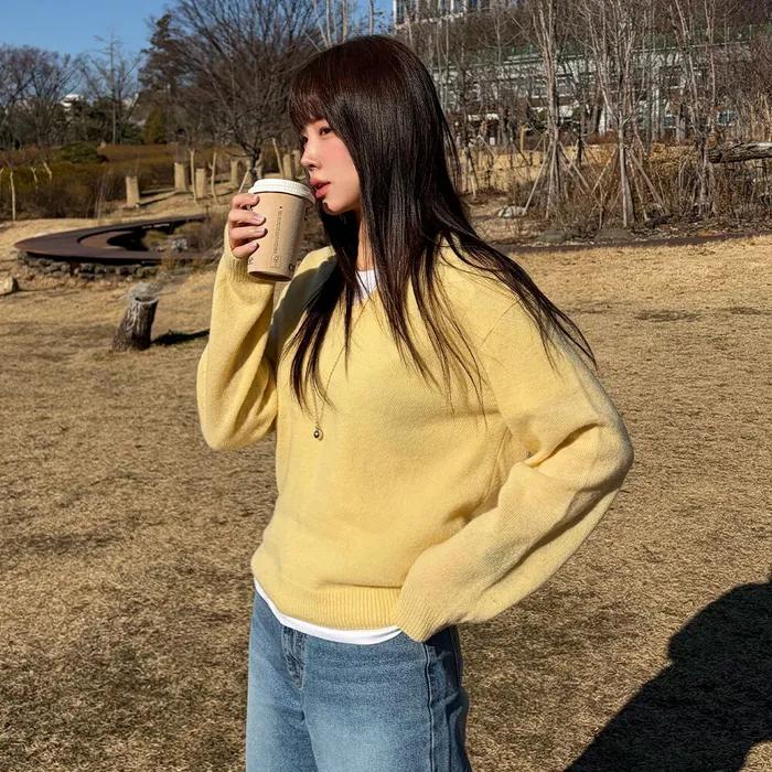 Loose fit V-neck knit [KNFW02SW06]_Light yellow