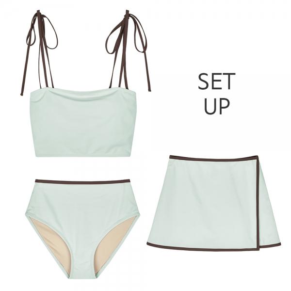 [네이키드서프클럽] [SET] 컬러 블록 브라탑 + 비키니 + 랩스커트 (Mint)