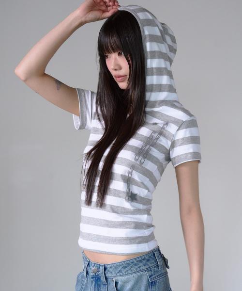 LOGO STRIPE HOODIE SHORT SLEEVE IVORY