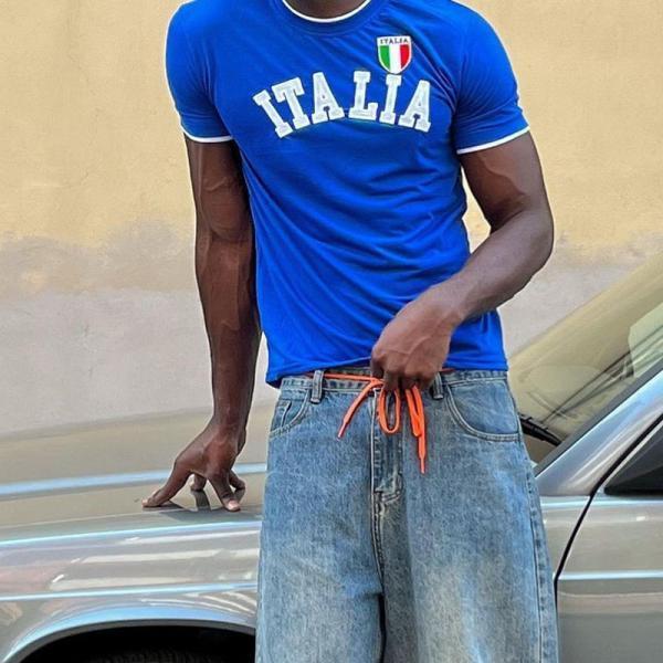 ITALIA 레터 프린트 블루 오버사이즈 티셔츠 하라주쿠 남성 의류 그래픽 미국 하이 퀄리티 고스 스트리트