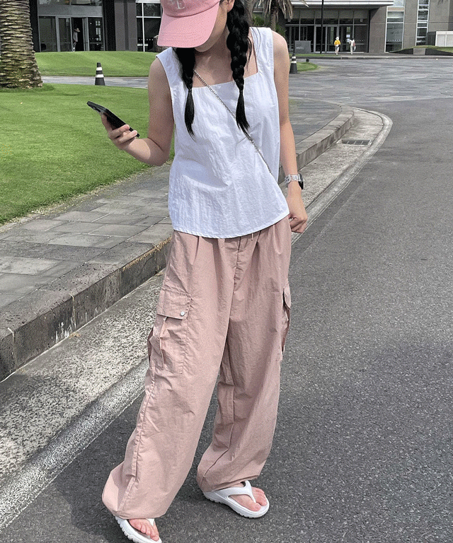 핑크 나일론 카고 와이드 스트링 팬츠