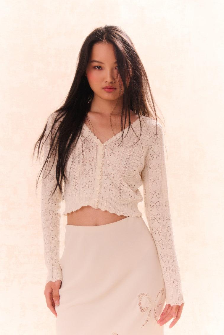 Petra Bow Pointelle Cardigan - IVORY / XS