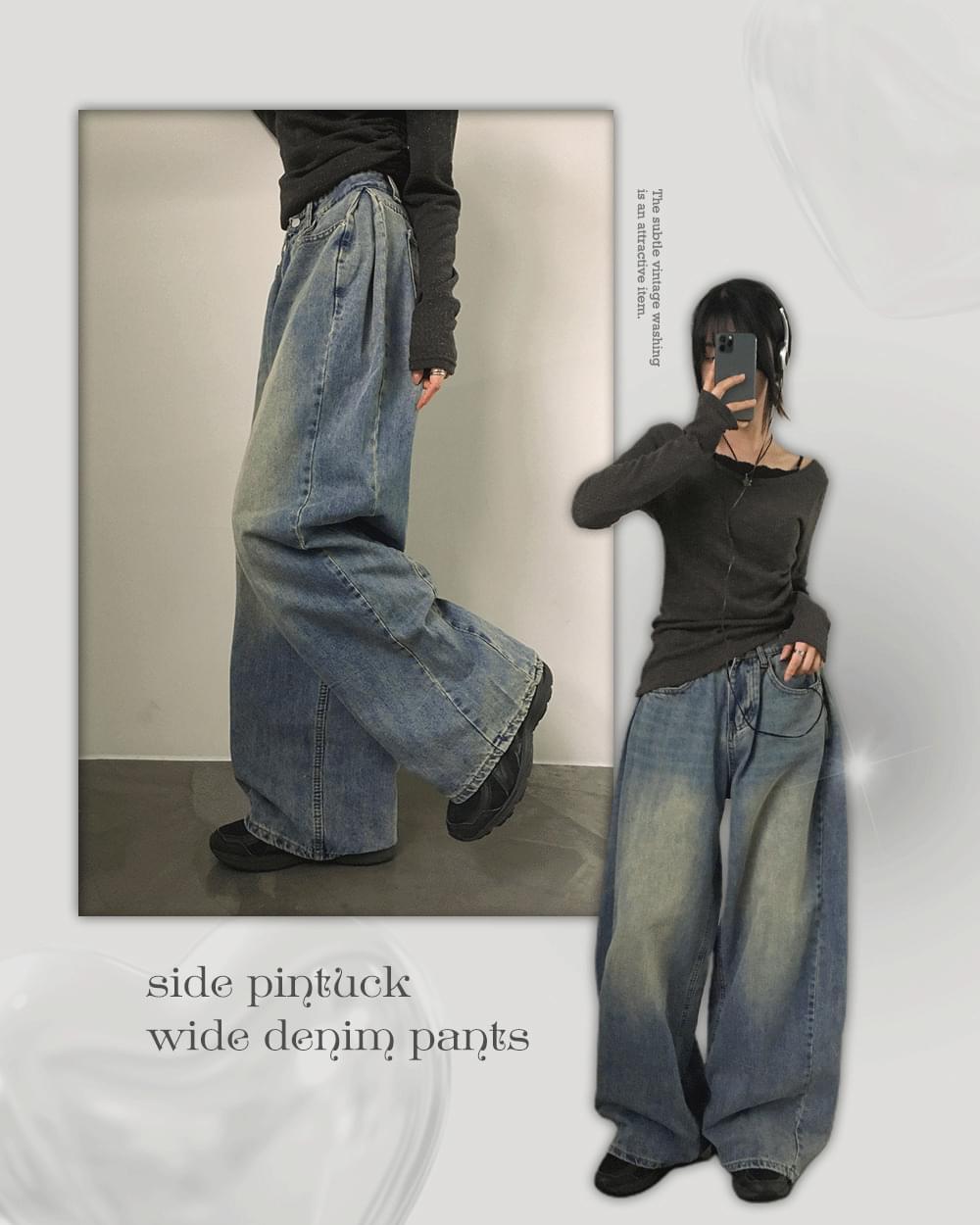 COON Side Pintuck Balloon Fit Vintage Faded Long Wide Denim Pants (Delayed delivery)