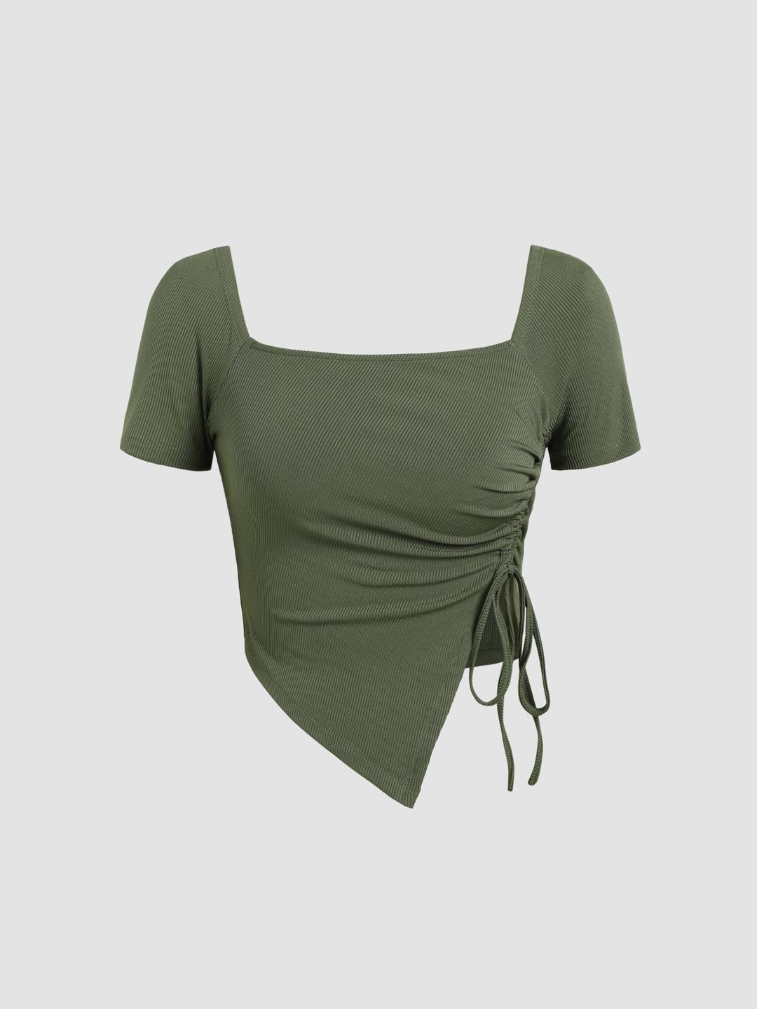 솔리드 비대칭 밑단 드로스트링 반소매 티셔츠