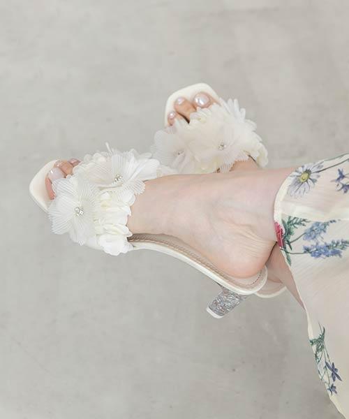 プリーツフラワーミュールサンダル