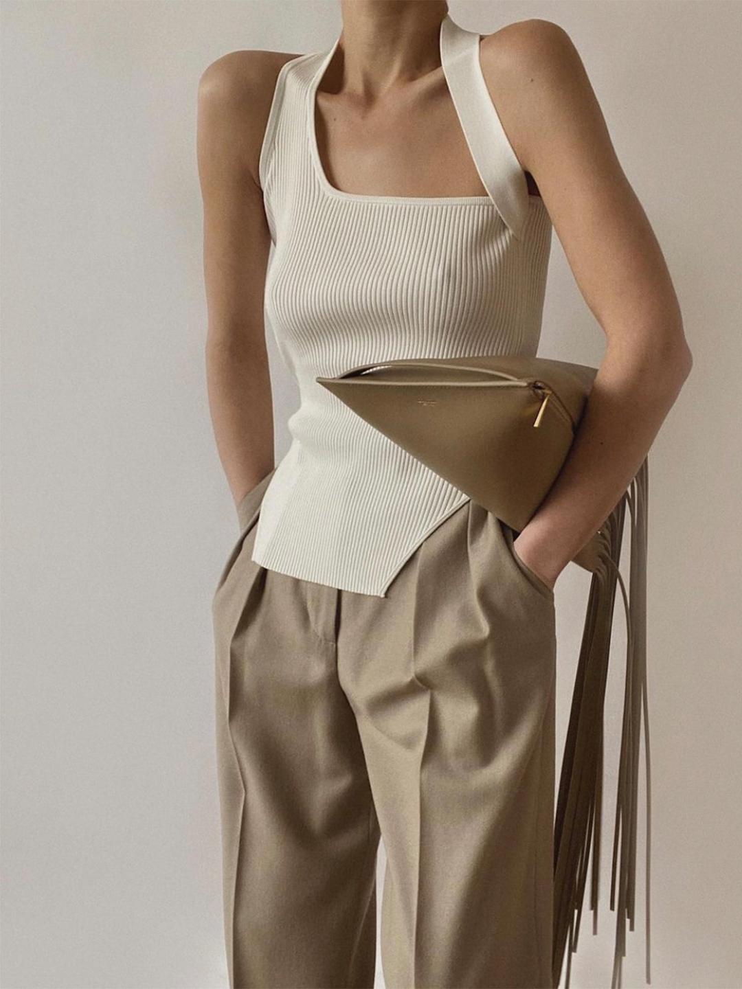 Asymmetrical Halter Rib Vest - White / XS