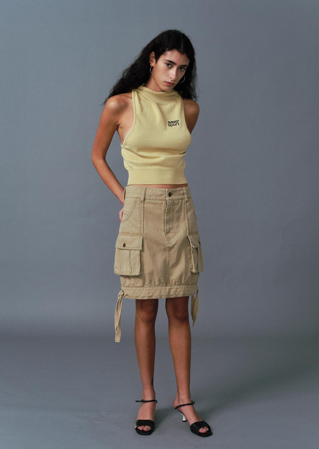 WASHED COTTON CARGO MIDI SKIRT KHAKI BEIGE