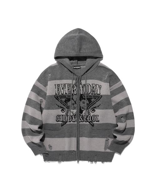 GC STAR VINTAGE STRIPE KNIT HOOD ZIP UP_GREY(IK2EFMK681A)