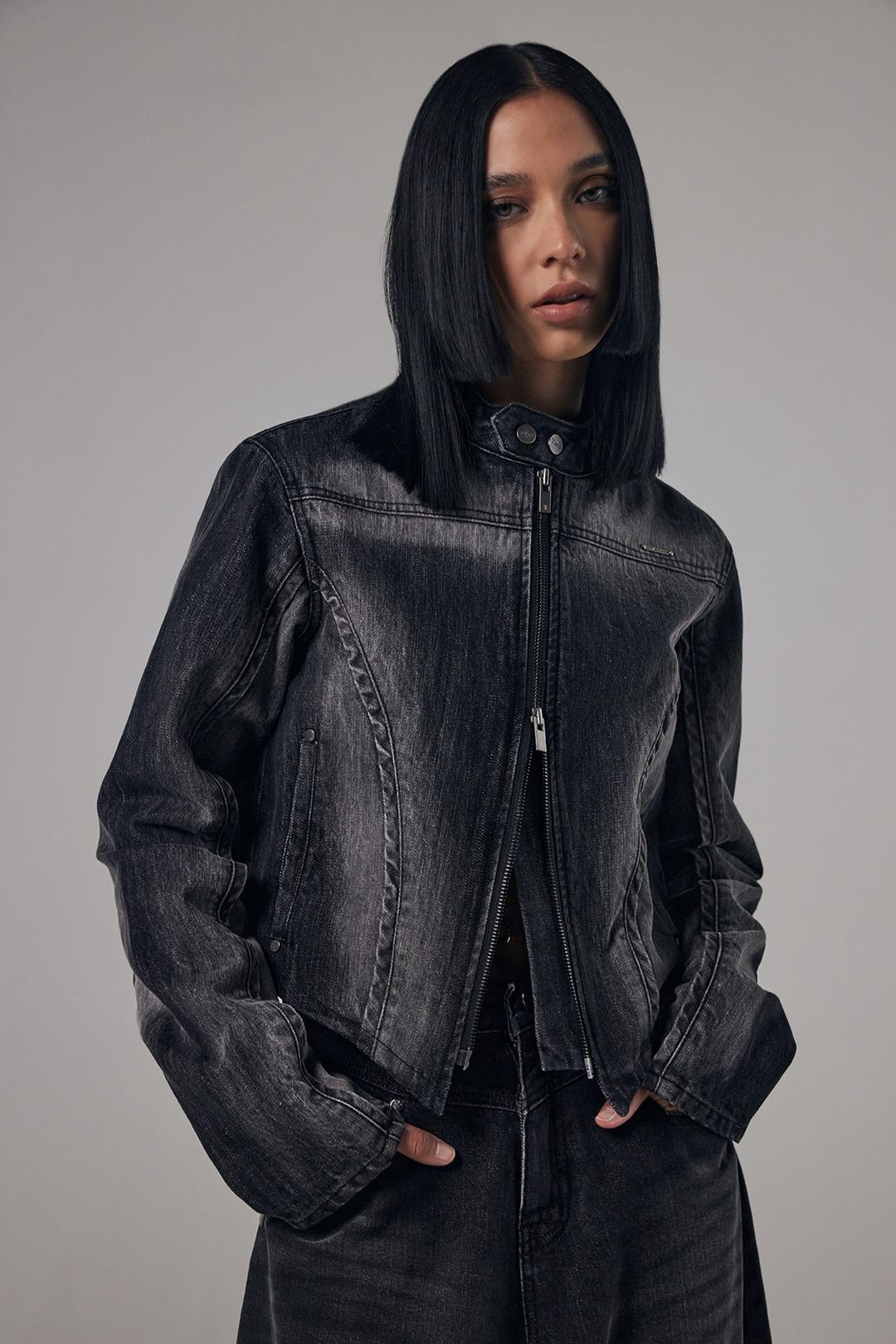 V-Shape Denim Biker Jacket [ Black ]