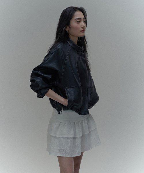 [Woman]버핑레더 스탠딩 크롭 레더 자켓_Black