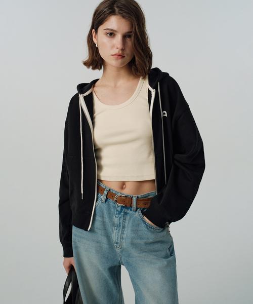 UNISEX LEATHER LOGO ZIP-UP HOODIE_UDTS5A108_BLACK