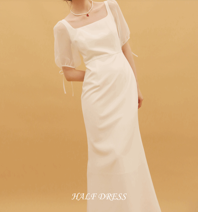 데일리언니 [주문폭주❤️] 셀프웨딩 촬영룩 머메이드 제주도 야외촬영 브라이덜샤워 화이트 퍼프 반팔 세미 A라인 골반 드레스 원피스 424042905