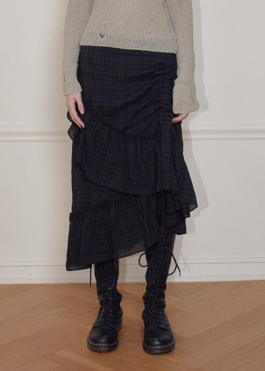 DRAPED FRILL STRAP SKIRT, BLACK