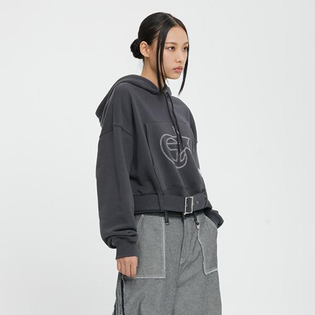 BELTED CROP HOODIE_CHARCOAL