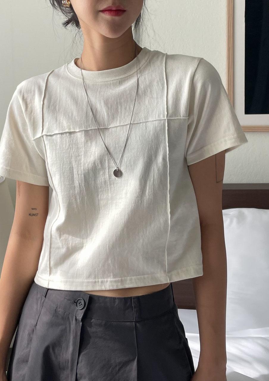 브로큰써클 베일리 절개 라인 크롭 반팔티셔츠 (5col) 블랙 아이보리 멜란지 핑크 버터