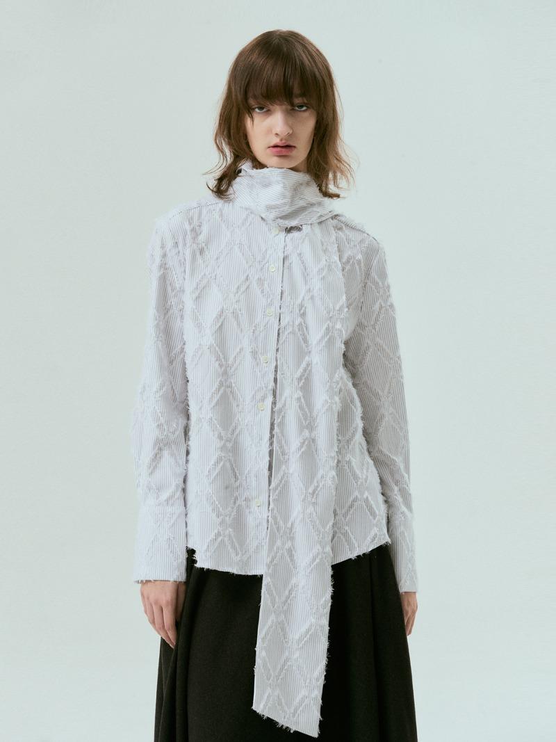 Tassel stirpe scarf blouse (GREY STRIPE)