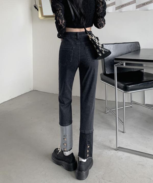 룬룬 뒷버튼 언발투톤 일자 데님