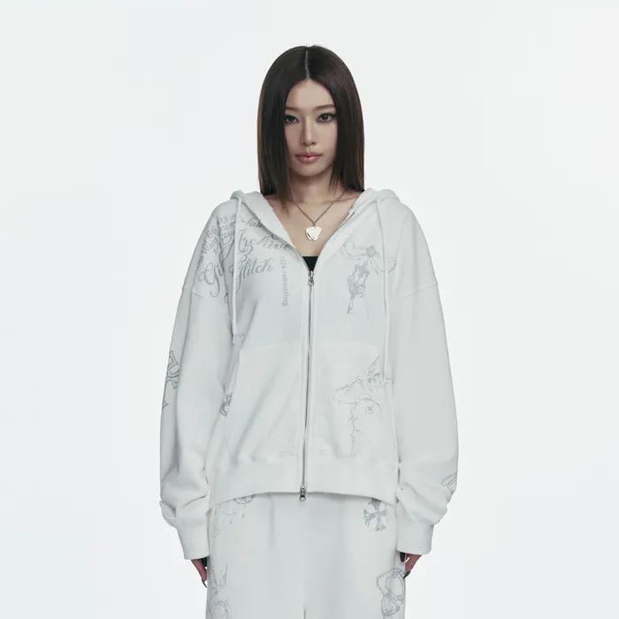 TATTOOED GRAPHIC HOOD ZIP-UP_WHITE