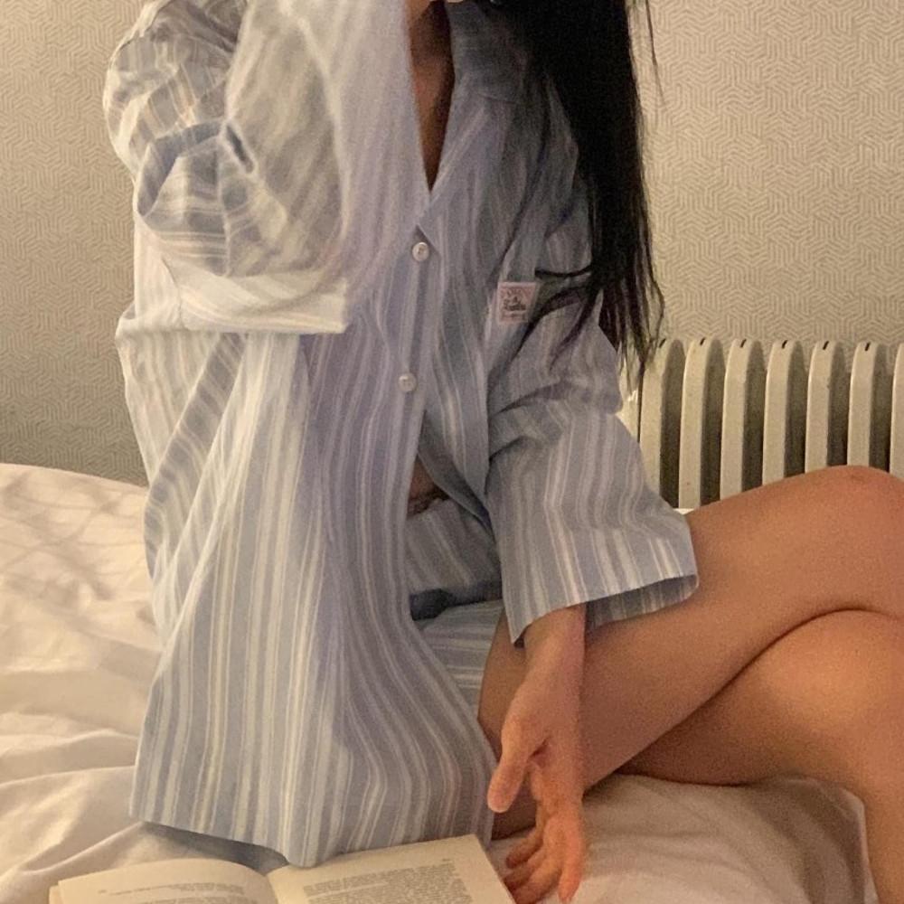 (소라당일)파운더스 파자마 세트, 여성 셔츠 반바지 잠옷 스트라이프 줄무늬 화이트 블루