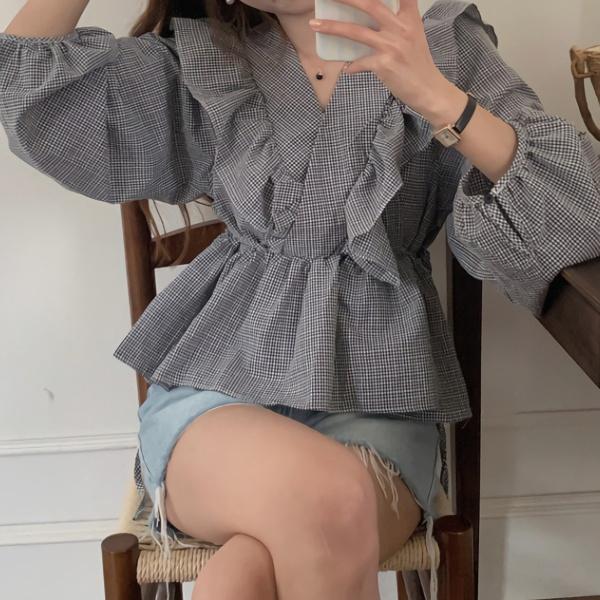 여성 데일리 여름 프릴 랩 체크 블라우스