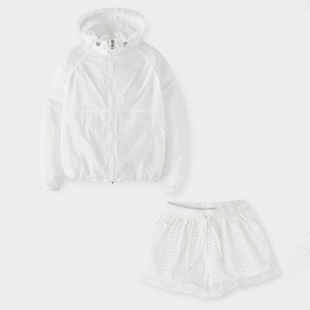 [Set-Up]시어 프릴 후디드 윈드브레이커+펀칭 쇼츠_Pure  White