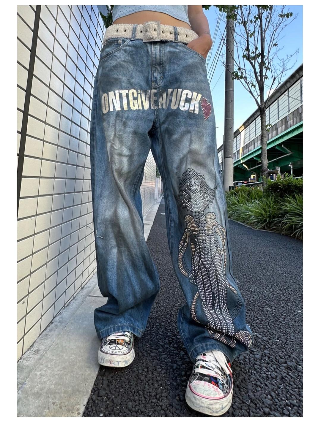 Washed Distressed Cartoon Denim Pants