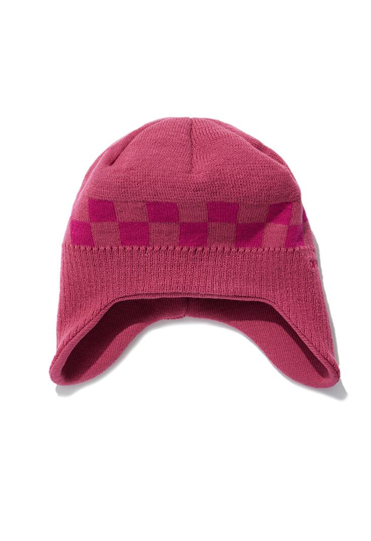 CHECKER BOARD EARFLAP BEANIE, PINK