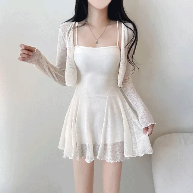 당일발송 [세트가격🤍/여리핏] 미니,시스루 볼레로 크롭 가디건+스트링 프릴 나시 원피스 투피스 [2color]