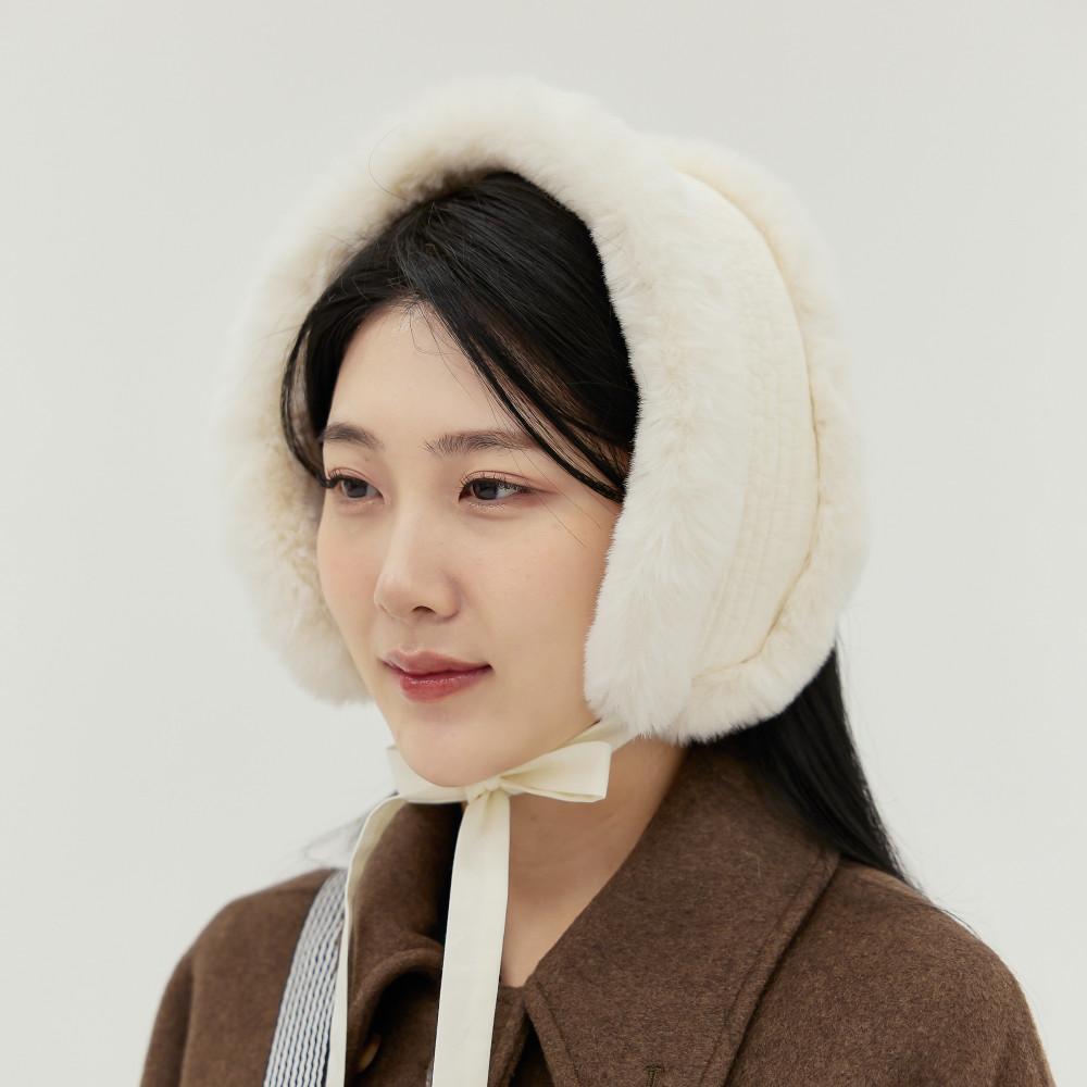 명썸 [귀여운 아씨 밍크 볼끼] 아이보리 면누비 에코퍼 넥워머 귀도리