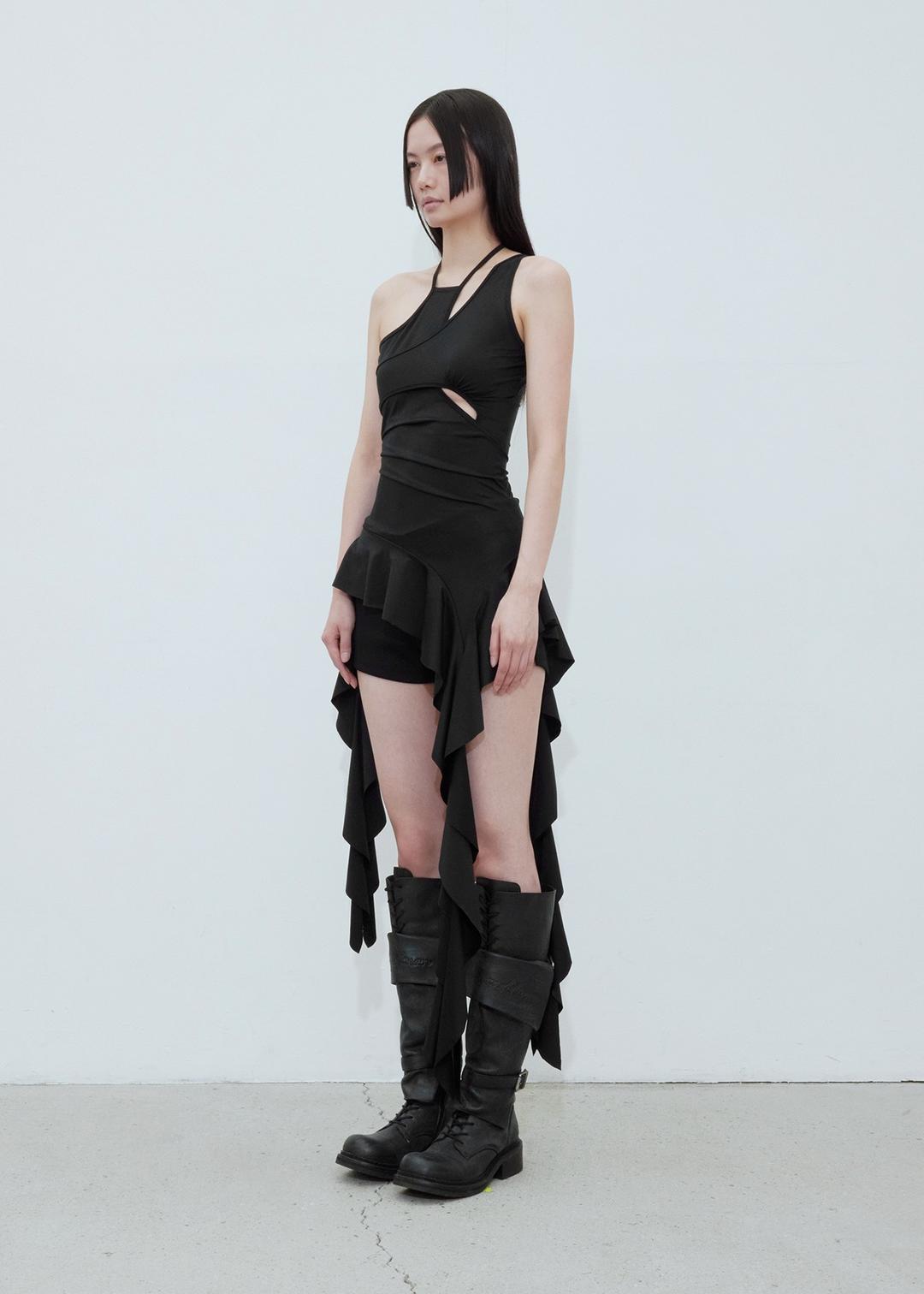 RUFFLE MINI DRESS, BLACK