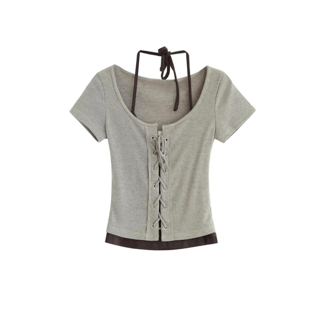 레이스업 홀터 골지 티셔츠 231330483