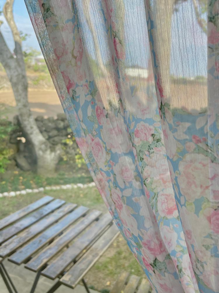 aqua blue curtain 블루 플라워 쉬폰 빈티지 레트로