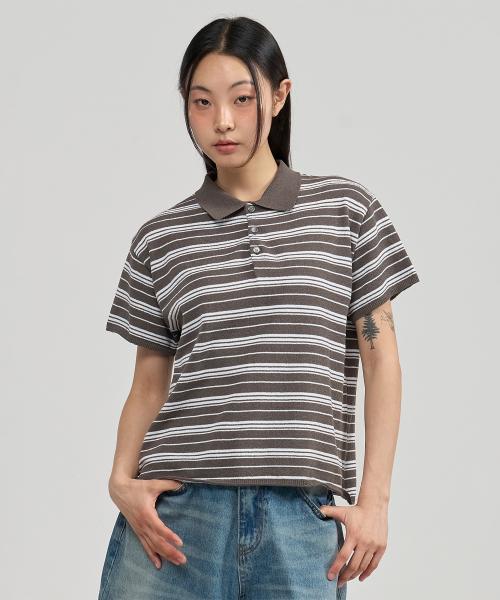 스트라이프 하프 슬리브 카라 니트 (차콜)