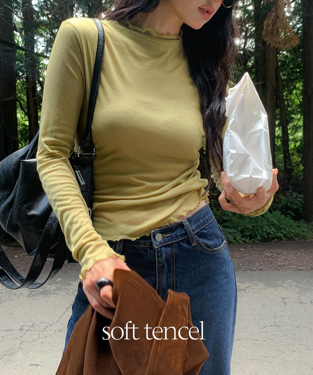 핫핑 [텐셀90/간절기여리템💚/만능이너/실루엣예쁨][MADE] 보들보들 울텐셀 물결 반폴라넥 긴팔티셔츠 (44~110) (빅사이즈티셔츠-슬림핏티셔츠-터틀넥-반목폴라-러플티-체형커버)