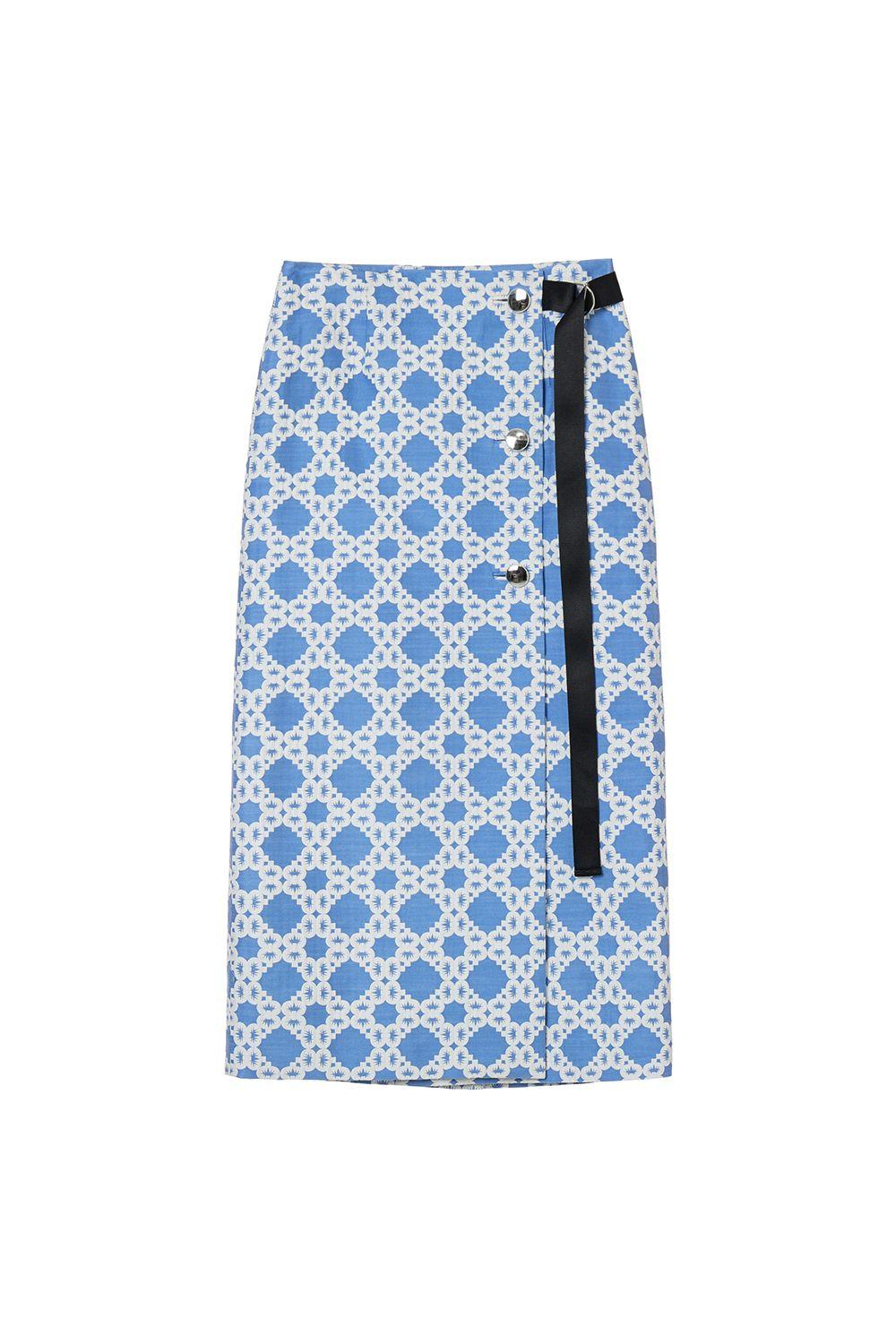 BUTTON-DETAIL WRAP SKIRT - BLUE