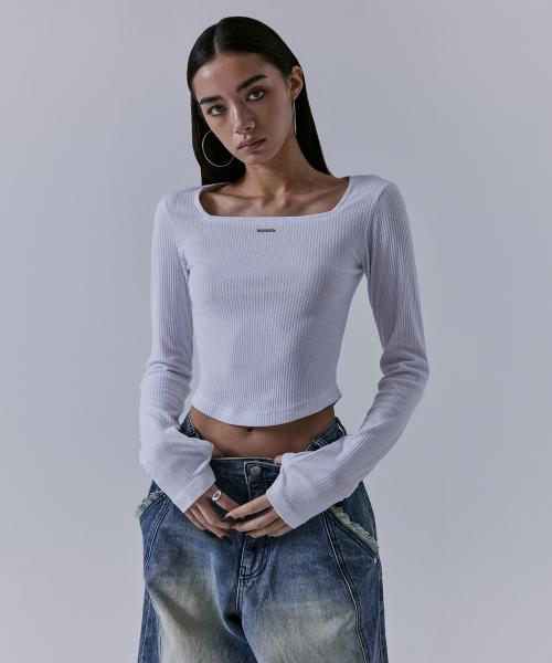 Square Neck Finger Hole Long Sleeve [ White ]