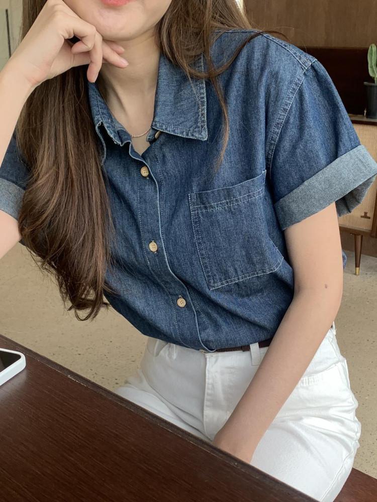 로브 오버핏 여름 데님 반팔 셔츠 ( 진청 )