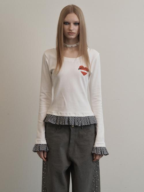 CHECK FRILL TOP / OFF WHITE