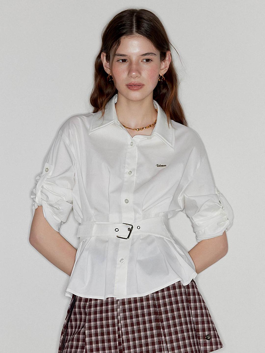 [UENA] Double Layer Lapel Belted Shirt