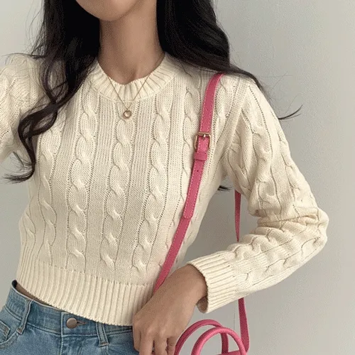 [봄,가을!] 라이크 꽈배기 라운드넥 크롭 긴팔 니트