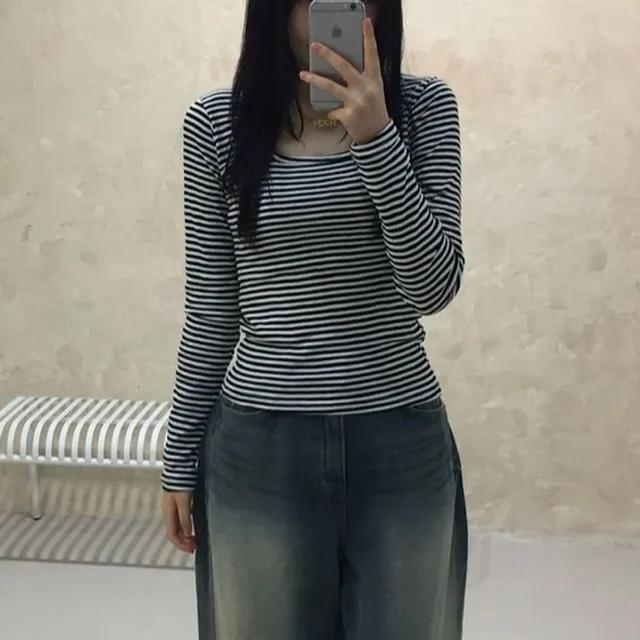 톰단가라t 긴팔 (스트라이프, 긴팔, 스퀘어넥, 줄무늬)