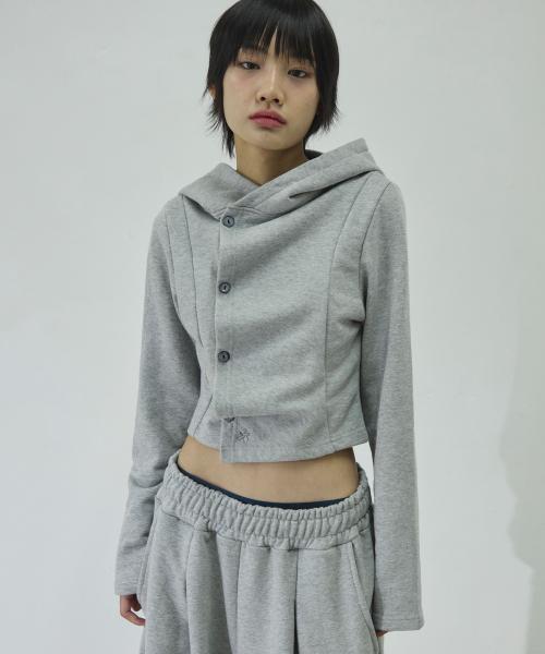 스몰 로고 사이드 버튼 셔링 후드 탑[그레이]